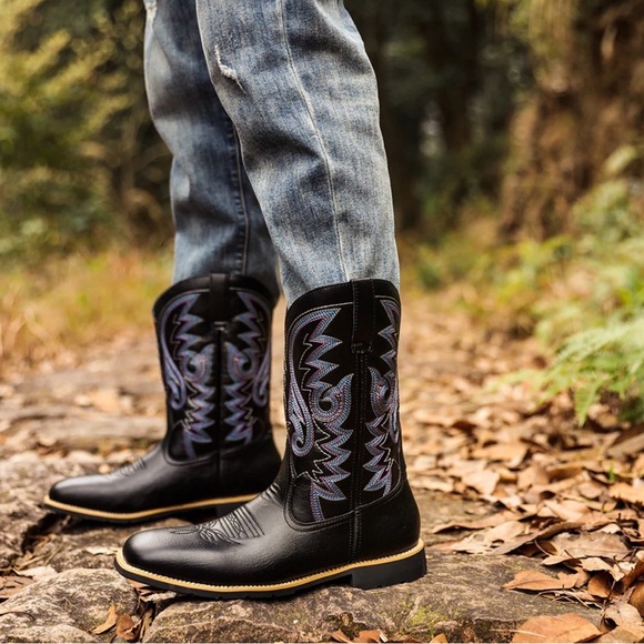 None Other - Men’s Black & Blue Western Cowboy Boots – Square Toe – Size 11
